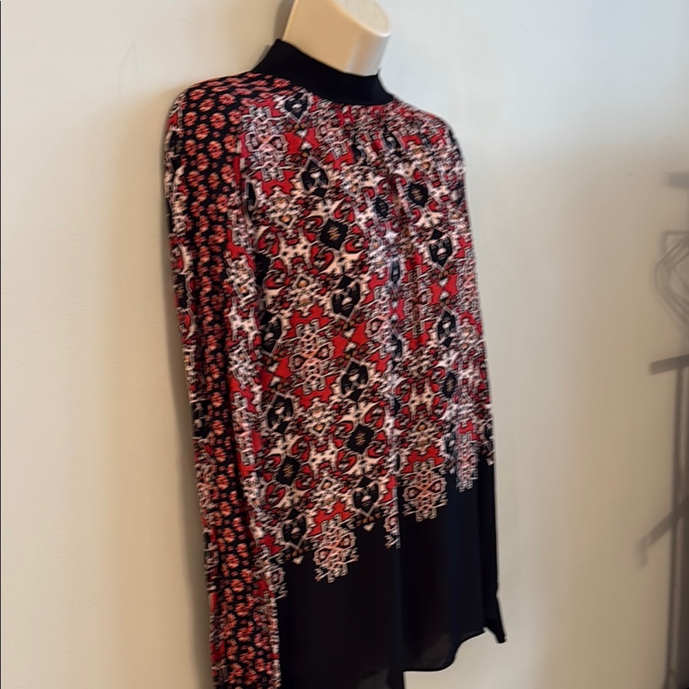 REISS Maisie Patchwork Long Sleeve Printed Blouse Black & Red Career Size 6 - Picture 8 of 14